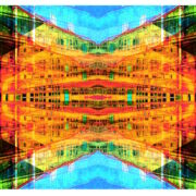 Manufakturen-Blog-PopArt-Projekt: Weimarer Porzellanmanufaktur VIII (Produktion), orange (Foto: Wigmar Bressel) aus der Serie 'Spiegelungen' - Collage, basierend auf einem Foto der großen Produktionshalle von Weimar-Porzellan (1790 - 2018) in der Christian-Speck-Straße in Blankenhain