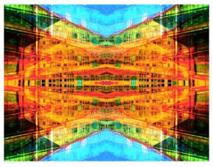 Manufakturen-Blog-PopArt-Projekt: Weimarer Porzellanmanufaktur VIII (Produktion), orange (Foto: Wigmar Bressel) aus der Serie 'Spiegelungen' - Collage, basierend auf einem Foto der großen Produktionshalle von Weimar-Porzellan (1790 - 2018) in der Christian-Speck-Straße in Blankenhain