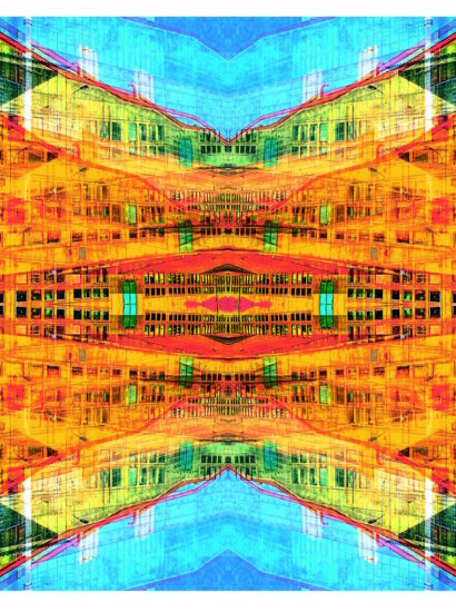 Manufakturen-Blog-PopArt-Projekt: Weimarer Porzellanmanufaktur VIII (Produktion), orange (Foto: Wigmar Bressel) aus der Serie 'Spiegelungen' - Collage, basierend auf einem Foto der großen Produktionshalle von Weimar-Porzellan (1790 - 2018) in der Christian-Speck-Straße in Blankenhain