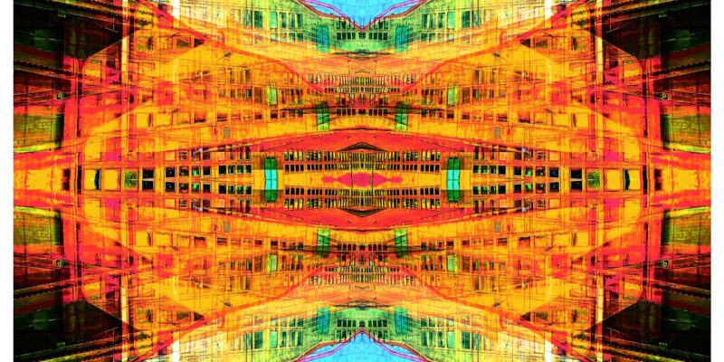 Manufakturen-Blog-PopArt-Projekt: Weimarer Porzellanmanufaktur VIII (Produktion), orange (Foto: Wigmar Bressel) aus der Serie 'Spiegelungen' - Collage, basierend auf einem Foto der großen Produktionshalle von Weimar-Porzellan (1790 - 2018) in der Christian-Speck-Straße in Blankenhain