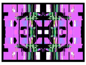 Manufakturen-Blog-PopArt-Projekt: Die Porzellanmanufaktur Fürstenberg X (fragmentiert), lila (Foto: Wigmar Bressel) aus der Serie 'Spiegelungen', nochmal "auf Links gedreht" - basierend auf einer Collage nach einem Foto des heutigen Produktionsgebäudes am Schloss Fürstenberg im Weser-Bergland