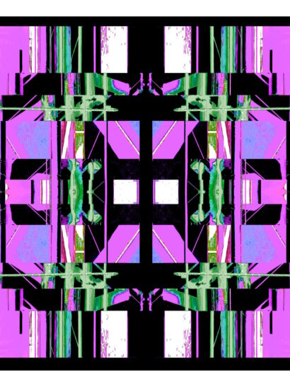 Manufakturen-Blog-PopArt-Projekt: Die Porzellanmanufaktur Fürstenberg X (fragmentiert), lila auf schwarz (Foto: Wigmar Bressel) aus der Serie 'Spiegelungen', nochmal "auf Links gedreht" - basierend auf einer Collage nach einem Foto des heutigen Produktionsgebäudes am Schloss Fürstenberg im Weser-Bergland