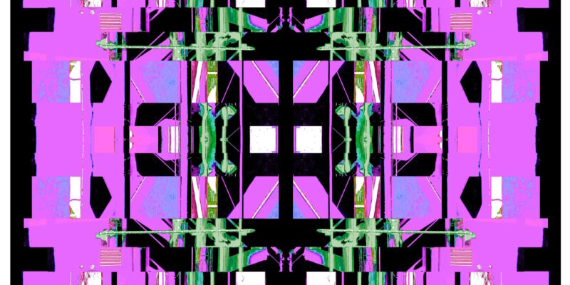 Manufakturen-Blog-PopArt-Projekt: Die Porzellanmanufaktur Fürstenberg X (fragmentiert), lila auf schwarz (Foto: Wigmar Bressel) aus der Serie 'Spiegelungen', nochmal "auf Links gedreht" - basierend auf einer Collage nach einem Foto des heutigen Produktionsgebäudes am Schloss Fürstenberg im Weser-Bergland