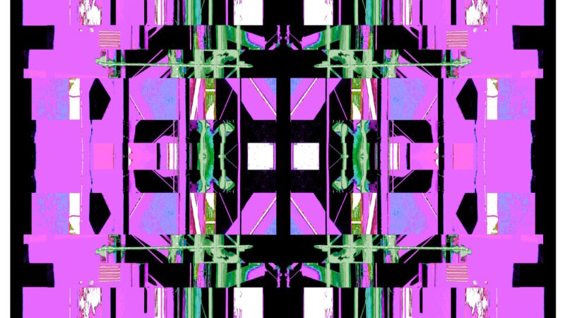 Manufakturen-Blog-PopArt-Projekt: Die Porzellanmanufaktur Fürstenberg X (fragmentiert), lila auf schwarz (Foto: Wigmar Bressel) aus der Serie 'Spiegelungen', nochmal "auf Links gedreht" - basierend auf einer Collage nach einem Foto des heutigen Produktionsgebäudes am Schloss Fürstenberg im Weser-Bergland