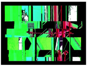 Manufakturen-Blog-PopArt-Projekt: Die Porzellanmanufaktur Fürstenberg VI (fragmentiert), neongrün auf schwarz (Foto: Wigmar Bressel), nocheinmal "auf Links gedreht"- Collage, basierend auf einem Foto des heutigen Produktionsgebäudes am Schloss Fürstenberg oberhalb der Weser im Weserbergland bei Höxter