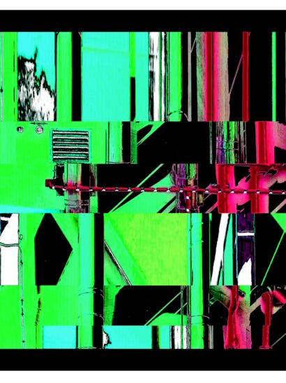 Manufakturen-Blog-PopArt-Projekt: Die Porzellanmanufaktur Fürstenberg VI (fragmentiert), neongrün auf schwarz (Foto: Wigmar Bressel), nocheinmal "auf Links gedreht" - Collage, basierend auf einem Foto des heutigen Produktionsgebäudes am Schloss Fürstenberg oberhalb der Weser im Weserbergland bei Höxter