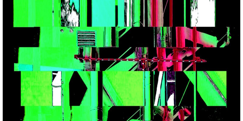 Manufakturen-Blog-PopArt-Projekt: Die Porzellanmanufaktur Fürstenberg VI (fragmentiert), neongrün auf schwarz (Foto: Wigmar Bressel), nocheinmal "auf Links gedreht" - Collage, basierend auf einem Foto des heutigen Produktionsgebäudes am Schloss Fürstenberg oberhalb der Weser im Weserbergland bei Höxter