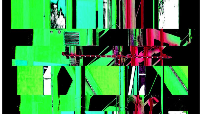 Manufakturen-Blog-PopArt-Projekt: Die Porzellanmanufaktur Fürstenberg VI (fragmentiert), neongrün auf schwarz (Foto: Wigmar Bressel), nocheinmal "auf Links gedreht" - Collage, basierend auf einem Foto des heutigen Produktionsgebäudes am Schloss Fürstenberg oberhalb der Weser im Weserbergland bei Höxter
