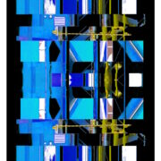 Manufakturen-Blog-PopArt-Projekt: Die Porzellanmanufaktur Fürstenberg VII (fragmentiert), blau auf schwarz (Foto: Wigmar Bressel) aus der Serie 'Spiegelungen', nochmal "auf Links gedreht" - Collage, basierend auf einem Foto des heutigen Produktionsgebäudes am Schloss Fürstenberg im Weser-Bergland