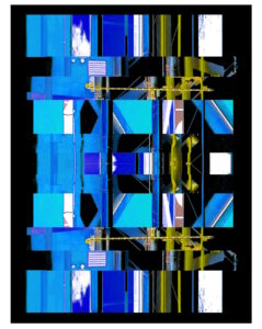 Manufakturen-Blog-PopArt-Projekt: Die Porzellanmanufaktur Fürstenberg VII (fragmentiert), blau auf schwarz (Foto: Wigmar Bressel) aus der Serie 'Spiegelungen', nochmal "auf Links gedreht" - Collage, basierend auf einem Foto des heutigen Produktionsgebäudes am Schloss Fürstenberg im Weser-Bergland