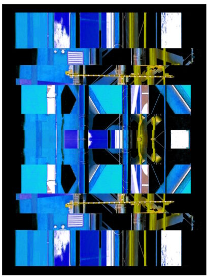 Manufakturen-Blog-PopArt-Projekt: Die Porzellanmanufaktur Fürstenberg VII (fragmentiert), blau auf schwarz (Foto: Wigmar Bressel) aus der Serie 'Spiegelungen', nochmal "auf Links gedreht" - Collage, basierend auf einem Foto des heutigen Produktionsgebäudes am Schloss Fürstenberg im Weser-Bergland