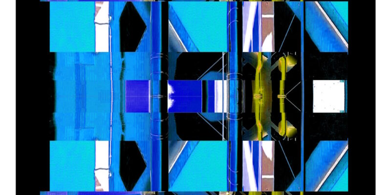 Manufakturen-Blog-PopArt-Projekt: Die Porzellanmanufaktur Fürstenberg VII (fragmentiert), blau auf schwarz (Foto: Wigmar Bressel) aus der Serie 'Spiegelungen', nochmal "auf Links gedreht" - Collage, basierend auf einem Foto des heutigen Produktionsgebäudes am Schloss Fürstenberg im Weser-Bergland