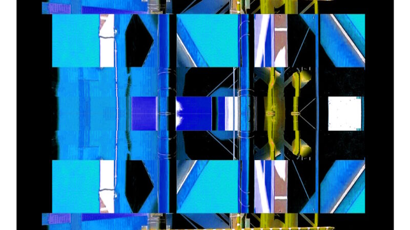 Manufakturen-Blog-PopArt-Projekt: Die Porzellanmanufaktur Fürstenberg VII (fragmentiert), blau auf schwarz (Foto: Wigmar Bressel) aus der Serie 'Spiegelungen', nochmal "auf Links gedreht" - Collage, basierend auf einem Foto des heutigen Produktionsgebäudes am Schloss Fürstenberg im Weser-Bergland