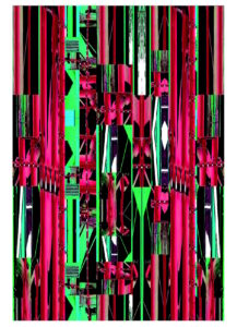 Manufakturen-Blog-PopArt-Projekt: Die Porzellanmanufaktur Fürstenberg XIII (fragmentiert), rot / neoangrün / schwarz (Foto: Wigmar Bressel) aus der Serie 'Spiegelungen' - Collage, basierend auf Ausschnitten aus einem Foto vom heutigen Produktionsgebäude der Manufaktur am Schloss Fürstenberg im Weserbergland