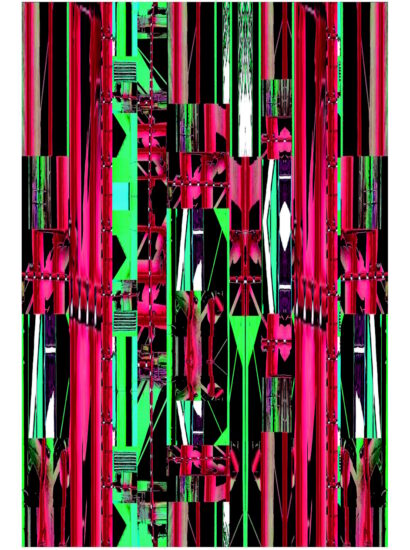 Manufakturen-Blog-PopArt-Projekt: Die Porzellanmanufaktur Fürstenberg XIII (fragmentiert), rot / neoangrün / schwarz (Foto: Wigmar Bressel) aus der Serie 'Spiegelungen' - Collage, basierend auf Ausschnitten aus einem Foto vom heutigen Produktionsgebäude der Manufaktur am Schloss Fürstenberg im Weserbergland