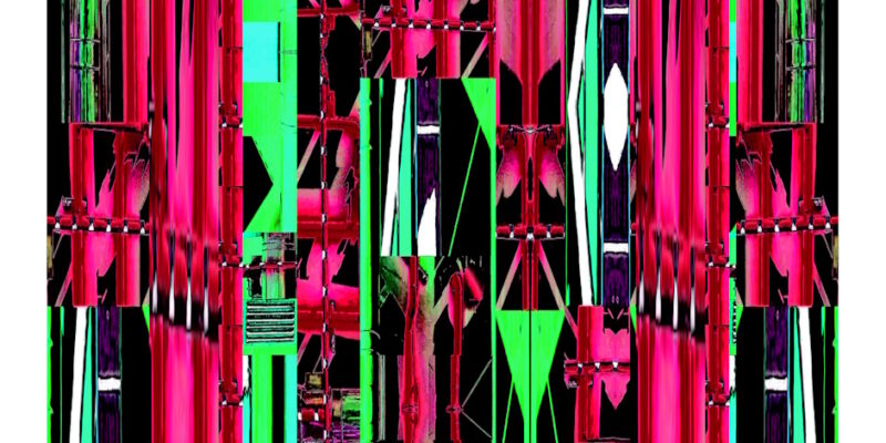 Manufakturen-Blog-PopArt-Projekt: Die Porzellanmanufaktur Fürstenberg XIII (fragmentiert), rot / neoangrün / schwarz (Foto: Wigmar Bressel) aus der Serie 'Spiegelungen' - Collage, basierend auf Ausschnitten aus einem Foto vom heutigen Produktionsgebäude der Manufaktur am Schloss Fürstenberg im Weserbergland