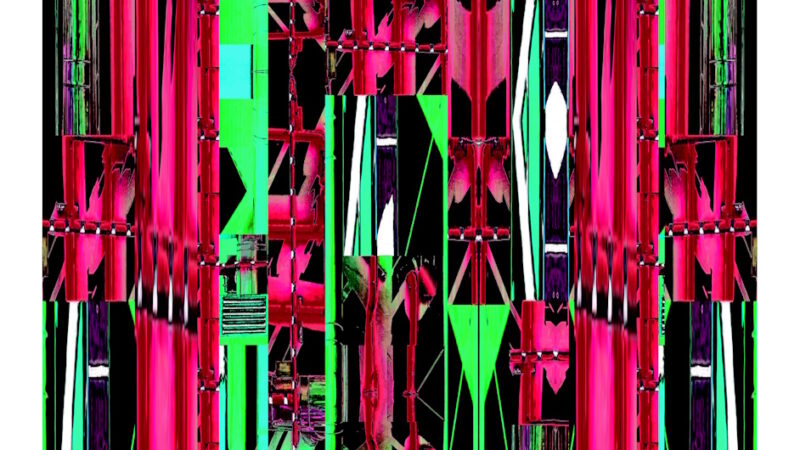 Manufakturen-Blog-PopArt-Projekt: Die Porzellanmanufaktur Fürstenberg XIII (fragmentiert), rot / neoangrün / schwarz (Foto: Wigmar Bressel) aus der Serie 'Spiegelungen' - Collage, basierend auf Ausschnitten aus einem Foto vom heutigen Produktionsgebäude der Manufaktur am Schloss Fürstenberg im Weserbergland