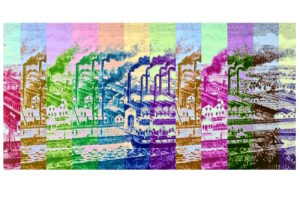 Manufakturen-Blog-PopArt-Projekt: Fabrikstadt II (fragmentiert), bordeaux (Foto: Wigmar Bressel) - basierend auf einer historischen Radierung des Eisenhütten-Werks Augustfehn, gezeigt im Restaurant und den Ausstellungsräumen des Eisenhütte-Kulturvereins im Eisenhüttenturm