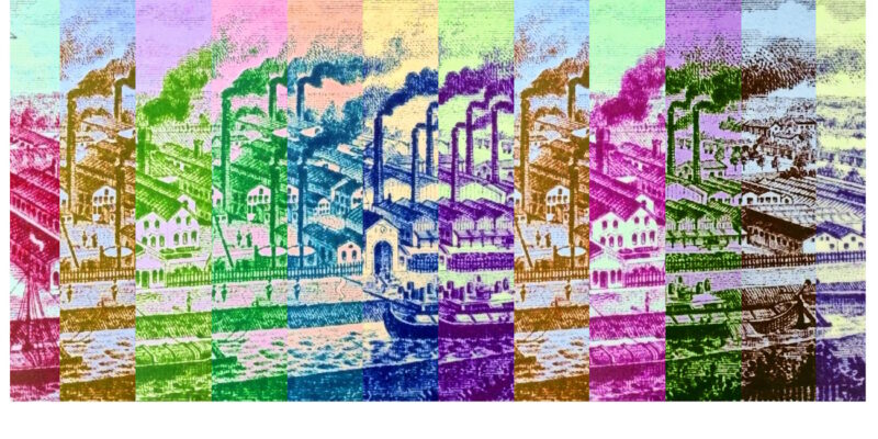 Manufakturen-Blog-PopArt-Projekt: Fabrikstadt II (fragmentiert), bordeaux (Foto: Wigmar Bressel) - Collage, basierend auf einer historischen Radierung mit Abbiildung des Eisenhütten-Werks Augustfehn, gezeigt im Restaurant und den Ausstellungsräumen des Eisenhütte-Kulturvereins im Eisenhüttenturm