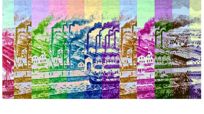 Manufakturen-Blog-PopArt-Projekt: Fabrikstadt II (fragmentiert), bordeaux (Foto: Wigmar Bressel) - Collage, basierend auf einer historischen Radierung mit Abbiildung des Eisenhütten-Werks Augustfehn, gezeigt im Restaurant und den Ausstellungsräumen des Eisenhütte-Kulturvereins im Eisenhüttenturm