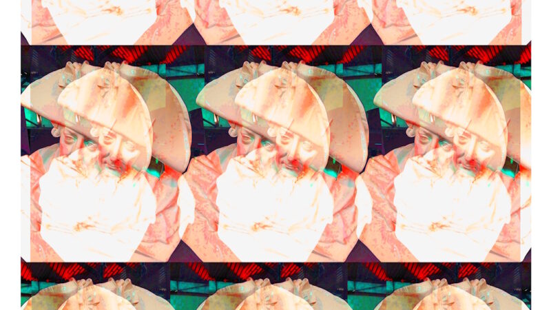 Manufakturen-Blog-PopArt-Projekt: Friedrich der Große 18, lachsfarben (Foto: Wigmar Bressel) - Collage, basierend auf einem Foto einer Büste in der historischen Ofenhalle der KPM Königliche Porzellanmanufaktur in der Wegelystraße 1 in Berlin