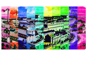 Manufakturen-Blog-PopArt-Projekt: Fabrikstadt I (fragmentiert), violett (Foto: Wigmar Bressel) - Collage, basierend auf dem Kopf einer historischen Rechnung der Silberwarenmanufaktur Koch & Bergfeld vom Ende des 19. Jahrhunderts. Die Unternehmer Koch und Bergfeld sahen sich ja als Fabrikenten und ließen für den Rechungskopf eine leicht vergrößerte und kompakter zusammengestellte Sicht auf ihre Produktionsgebäude zeigen - ich habe mir erlaubt, diese - sicherlich in ihrem Sinne - nocheinmal zu vergrößern und neu zu komponieren...