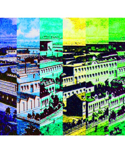 Manufakturen-Blog-PopArt-Projekt: Fabrikstadt I (fragmentiert), violett (Foto: Wigmar Bressel) - Collage, basierend auf dem Kopf einer historischen Rechnung der Silberwarenmanufaktur Koch & Bergfeld vom Ende des 19. Jahrhunderts. Die Unternehmer Koch und Bergfeld sahen sich ja als Fabrikenten und ließen für den Rechungskopf eine leicht vergrößerte und kompakter zusammengestellte Sicht auf ihre Produktionsgebäude zeigen - ich habe mir erlaubt, diese - sicherlich in ihrem Sinne - nocheinmal zu vergrößern und neu zu komponieren...