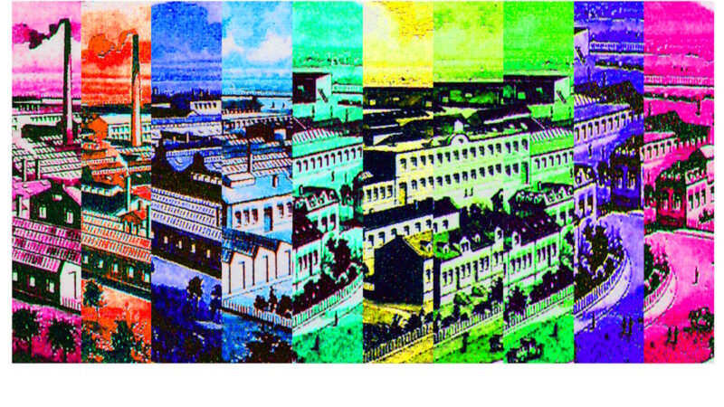 Manufakturen-Blog-PopArt-Projekt: Fabrikstadt I (fragmentiert), violett (Foto: Wigmar Bressel) - Collage, basierend auf dem Kopf einer historischen Rechnung der Silberwarenmanufaktur Koch & Bergfeld vom Ende des 19. Jahrhunderts. Die Unternehmer Koch und Bergfeld sahen sich ja als Fabrikenten und ließen für den Rechungskopf eine leicht vergrößerte und kompakter zusammengestellte Sicht auf ihre Produktionsgebäude zeigen - ich habe mir erlaubt, diese - sicherlich in ihrem Sinne - nocheinmal zu vergrößern und neu zu komponieren...