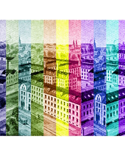 Manufakturen-Blog-PopArt-Projekt: Fabrikstadt III (fragmentiert), türkis (Foto: Wigmar Bressel) - Collage, basierend auf einer historischen Darstellung der Messerschmiede Heinrich Böker Baumwerk in Solingen