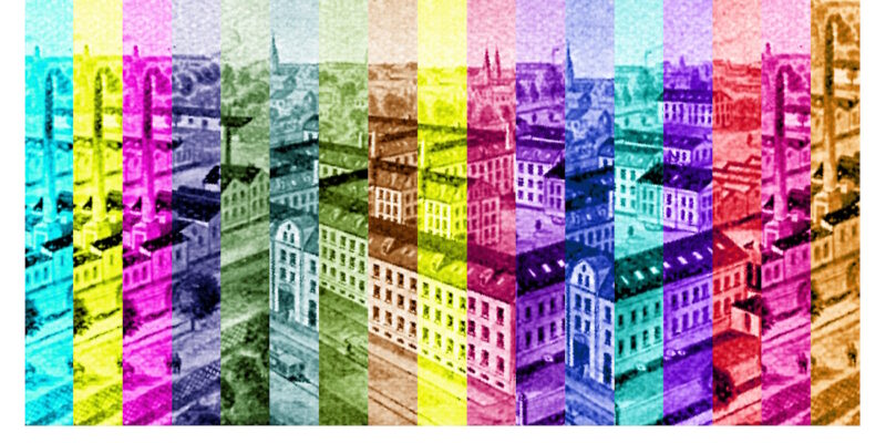 Manufakturen-Blog-PopArt-Projekt: Fabrikstadt III (fragmentiert), türkis (Foto: Wigmar Bressel) - Collage, basierend auf einer historischen Darstellung der Messerschmiede Heinrich Böker Baumwerk in Solingen
