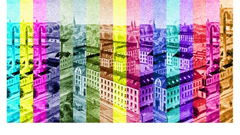 Manufakturen-Blog-PopArt-Projekt: Fabrikstadt III (fragmentiert), türkis (Foto: Wigmar Bressel) - Collage, basierend auf einer historischen Darstellung der Messerschmiede Heinrich Böker Baumwerk in Solingen