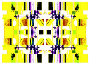 Manufakturen-Blog-PopArt-Projekt: Die Porzellanmanufaktur Fürstenberg VIII (fragmentiert), gelb / violett (Foto: Wigmar Bressel) aus der Serie 'Spiegelungen' - basierend auf einer Collage nach einem Foto des heutigen Produktionsgebäudes am Schloss Fürstenberg im Weser-Bergland