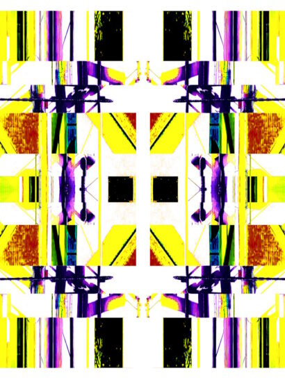 Manufakturen-Blog-PopArt-Projekt: Die Porzellanmanufaktur Fürstenberg VIII (fragmentiert), gelb / violett (Foto: Wigmar Bressel) aus der Serie 'Spiegelungen' - basierend auf einer Collage nach einem Foto des heutigen Produktionsgebäudes am Schloss Fürstenberg im Weser-Bergland
