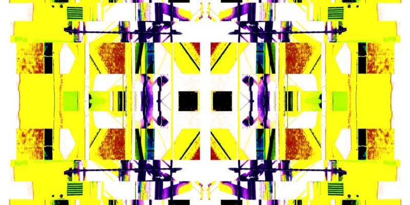 Manufakturen-Blog-PopArt-Projekt: Die Porzellanmanufaktur Fürstenberg VIII (fragmentiert), gelb / violett (Foto: Wigmar Bressel) aus der Serie 'Spiegelungen' - basierend auf einer Collage nach einem Foto des heutigen Produktionsgebäudes am Schloss Fürstenberg im Weser-Bergland