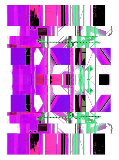 Manufakturen-Blog-PopArt-Projekt: Die Porzellanmanufaktur Fürstenberg VII (fragmentiert), lila (Foto: Wigmar Bressel) aus der Serie 'Spiegelungen' - Collage, basierend auf einem Foto des heutigen Produktionsgebäudes am Schloss Fürstenberg im Weser-Bergland