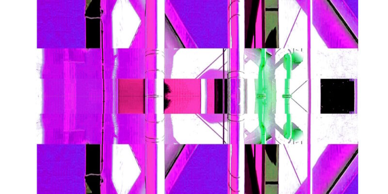 Manufakturen-Blog-PopArt-Projekt: Die Porzellanmanufaktur Fürstenberg VII (fragmentiert), lila (Foto: Wigmar Bressel) aus der Serie 'Spiegelungen' - Collage, basierend auf einem Foto des heutigen Produktionsgebäudes am Schloss Fürstenberg im Weser-Bergland