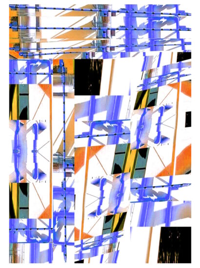 Manufakturen-Blog-PopArt-Projekt: Die Porzellanmanufaktur Fürstenberg XI (fragmentiert), flieder (Foto: Wigmar Bressel) aus der Serie 'Spiegelungen' - Collage, basierend auf Ausschnitten aus einem Foto vom heutigen Produktionsgebäude am Schloss Fürstenberg im Weserbergland