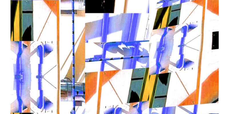 Manufakturen-Blog-PopArt-Projekt: Die Porzellanmanufaktur Fürstenberg XI (fragmentiert), flieder (Foto: Wigmar Bressel) aus der Serie 'Spiegelungen' - Collage, basierend auf Ausschnitten aus einem Foto vom heutigen Produktionsgebäude am Schloss Fürstenberg im Weserbergland