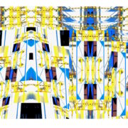Manufakturen-Blog-PopArt-Projekt: Die Porzellanmanufaktur Fürstenberg XII (fragmentiert), gelb (Foto: Wigmar Bressel) aus der Serie 'Spiegelungen' - Collage, basierend auf Ausschnitten aus einem Foto vom heutigen Produktionsgebäude am Schloss Fürstenberg im Weserbergland