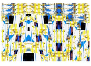 Manufakturen-Blog-PopArt-Projekt: Die Porzellanmanufaktur Fürstenberg XII (fragmentiert), gelb (Foto: Wigmar Bressel) aus der Serie 'Spiegelungen' - Collage, basierend auf Ausschnitten aus einem Foto vom heutigen Produktionsgebäude am Schloss Fürstenberg im Weserbergland