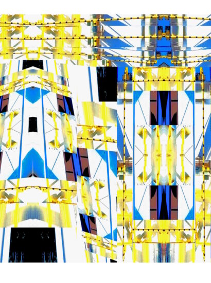 Manufakturen-Blog-PopArt-Projekt: Die Porzellanmanufaktur Fürstenberg XII (fragmentiert), gelb (Foto: Wigmar Bressel) aus der Serie 'Spiegelungen' - Collage, basierend auf Ausschnitten aus einem Foto vom heutigen Produktionsgebäude am Schloss Fürstenberg im Weserbergland