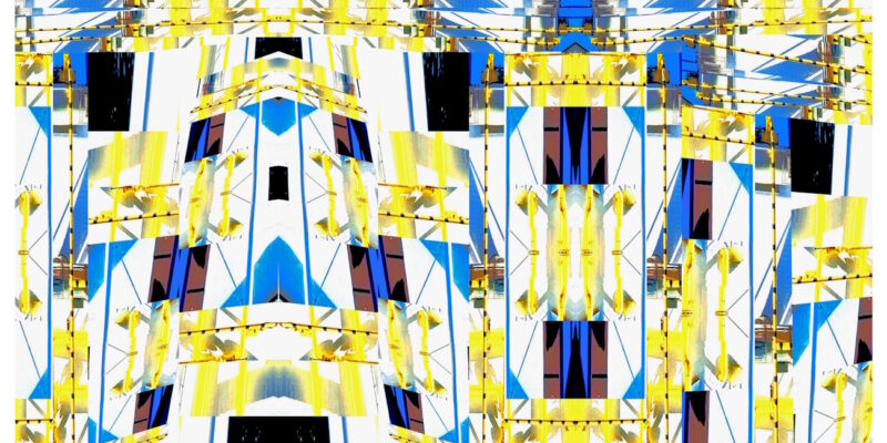 Manufakturen-Blog-PopArt-Projekt: Die Porzellanmanufaktur Fürstenberg XII (fragmentiert), gelb (Foto: Wigmar Bressel) aus der Serie 'Spiegelungen' - Collage, basierend auf Ausschnitten aus einem Foto vom heutigen Produktionsgebäude am Schloss Fürstenberg im Weserbergland