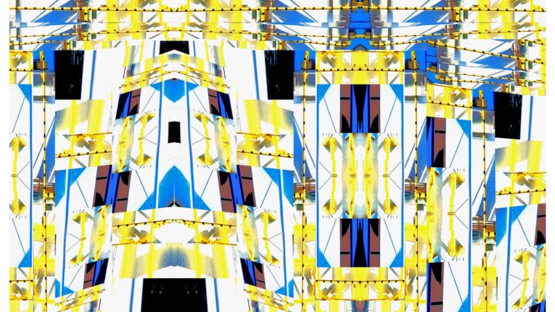 Manufakturen-Blog-PopArt-Projekt: Die Porzellanmanufaktur Fürstenberg XII (fragmentiert), gelb (Foto: Wigmar Bressel) aus der Serie 'Spiegelungen' - Collage, basierend auf Ausschnitten aus einem Foto vom heutigen Produktionsgebäude am Schloss Fürstenberg im Weserbergland