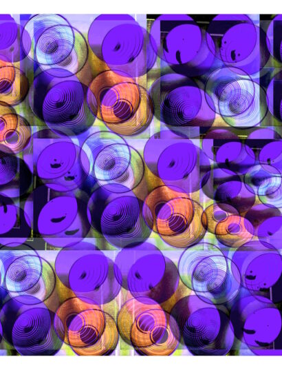 Manufakturen-Blog-PopArt-Projekt: Schalen VI (Fahnen), lila / lachsfarben (Wigmar Bressel) aus der Serie 'Spiegelungen' nochmal "auf Links gedeht" - Collage, basierend auf einem Foto in der Werkstatt der Independent-Keramikerin Frauke Alber in Bremen