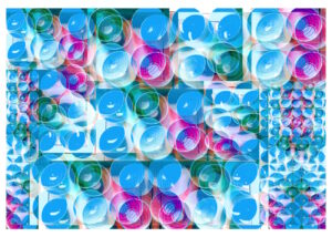 Manufakturen-Blog-PopArt-Projekt: Schalen VI (Fahnen), hellblau / violett (Wigmar Bressel) aus der Serie 'Spiegelungen' - Collage, basierend auf einem Foto in der Werkstatt der Independent-Keramikerin Frauke Alber in Bremen