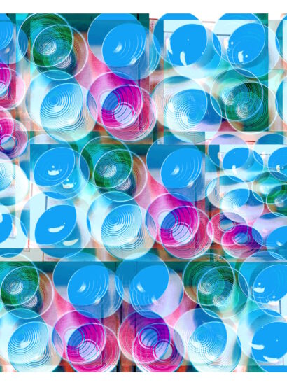 Manufakturen-Blog-PopArt-Projekt: Schalen VI (Fahnen), hellblau / violett (Wigmar Bressel) aus der Serie 'Spiegelungen' - Collage, basierend auf einem Foto in der Werkstatt der Independent-Keramikerin Frauke Alber in Bremen