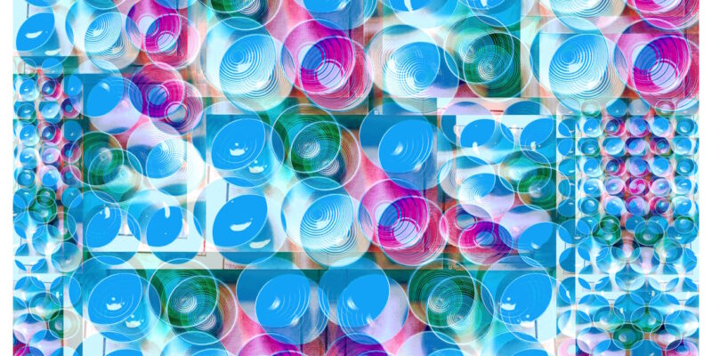 Manufakturen-Blog-PopArt-Projekt: Schalen VI (Fahnen), hellblau / violett (Wigmar Bressel) aus der Serie 'Spiegelungen' - Collage, basierend auf einem Foto in der Werkstatt der Independent-Keramikerin Frauke Alber in Bremen