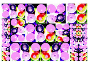 Manufakturen-Blog-PopArt-Projekt: Schalen IV (Fahnen), lila (Wigmar Bressel) aus der Serie 'Spiegelungen' - Collage, basierend auf einem Foto in der Werkstatt der Independent-Keramikerin Frauke Alber in Bremen