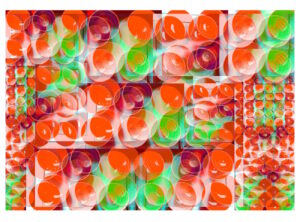 Manufakturen-Blog-PopArt-Projekt: Schalen V (Fahnen), orange / grün (Wigmar Bressel) aus der Serie 'Spiegelungen' - Collage, basierend auf einem Foto in der Werkstatt der Independent-Keramikerin Frauke Alber in Bremen