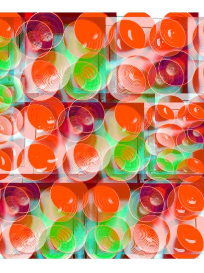 Manufakturen-Blog-PopArt-Projekt: Schalen V (Fahnen), orange / grün (Wigmar Bressel) aus der Serie 'Spiegelungen' - Collage, basierend auf einem Foto in der Werkstatt der Independent-Keramikerin Frauke Alber in Bremen